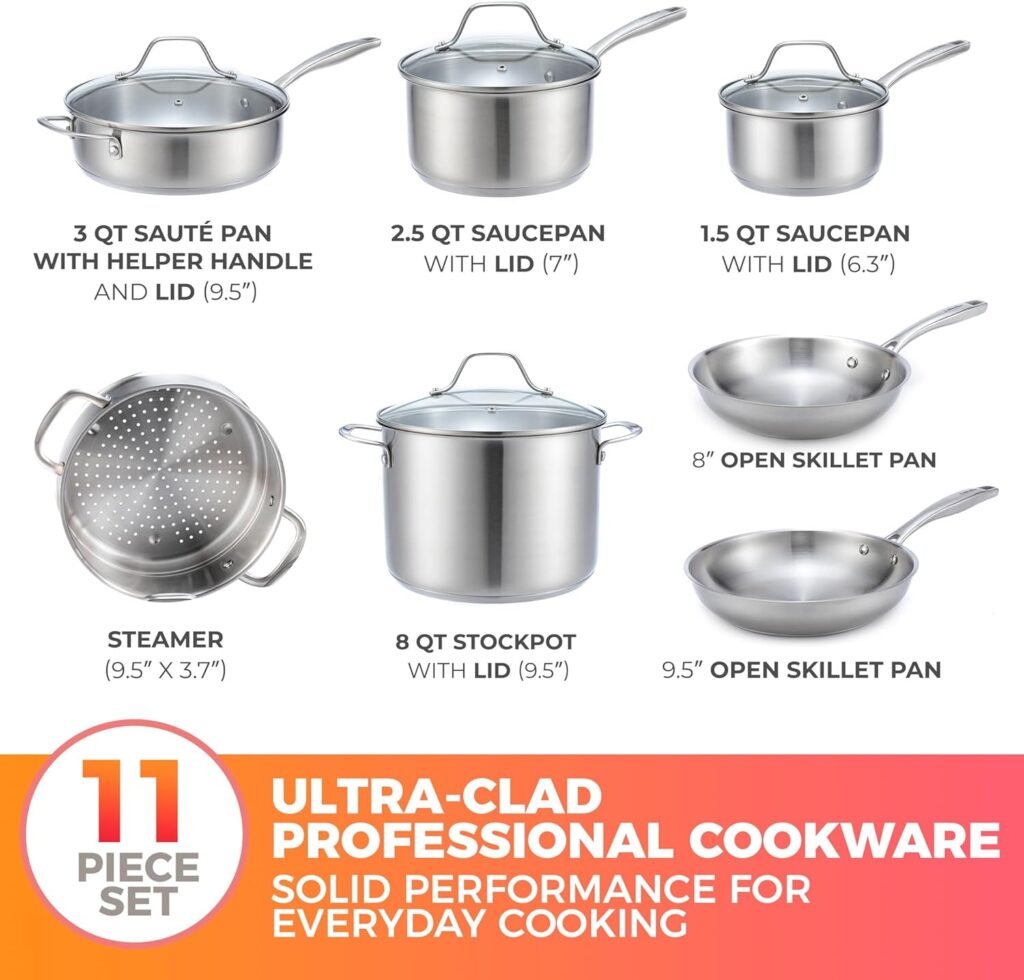 Mueller Pots and Pans Set 17-Piece, Ultra-Clad Pro Stainless Steel Cookware Set, Ergonomic EverCool Handle, Includes Saucepans, Skillets, Dutch Oven, Stockpot, Steamer More