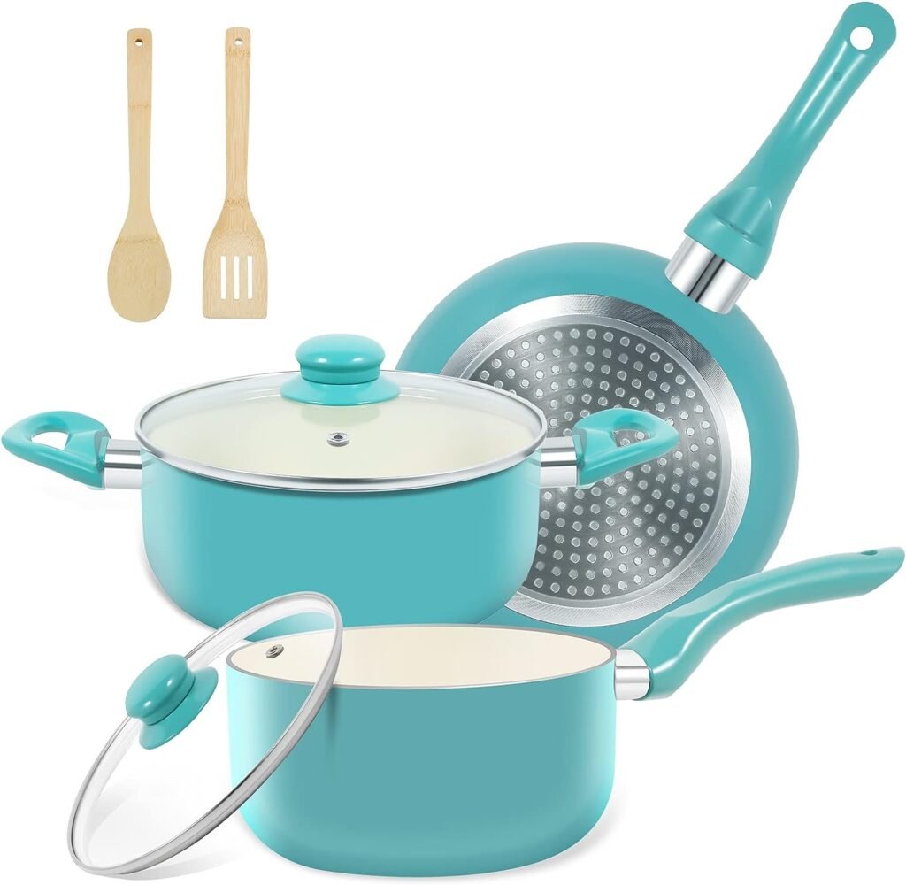 Pots and Pans Set Ultra Nonstick, Pre-assembled 7 Piece Ceramic Cookware Sets, Non Toxic Pots and Pans, Stay Cool Handle  Bamboo Kitchen Utensils, Gas/Induction Compatible, 100% PFOA Free, Turquoise