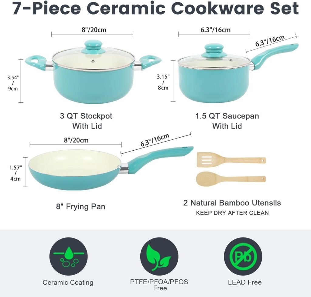 Pots and Pans Set Ultra Nonstick, Pre-assembled 7 Piece Ceramic Cookware Sets, Non Toxic Pots and Pans, Stay Cool Handle  Bamboo Kitchen Utensils, Gas/Induction Compatible, 100% PFOA Free, Turquoise