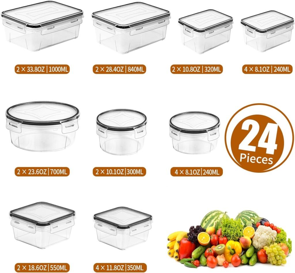 PRAKI 48 Pack Food Storage Containers with Airtight Lids (24 Containers  24 Lids), Kitchen storage containers for Pantry Organizers and Storage, BPA-Free Meal Prep Container with Labels  Marker