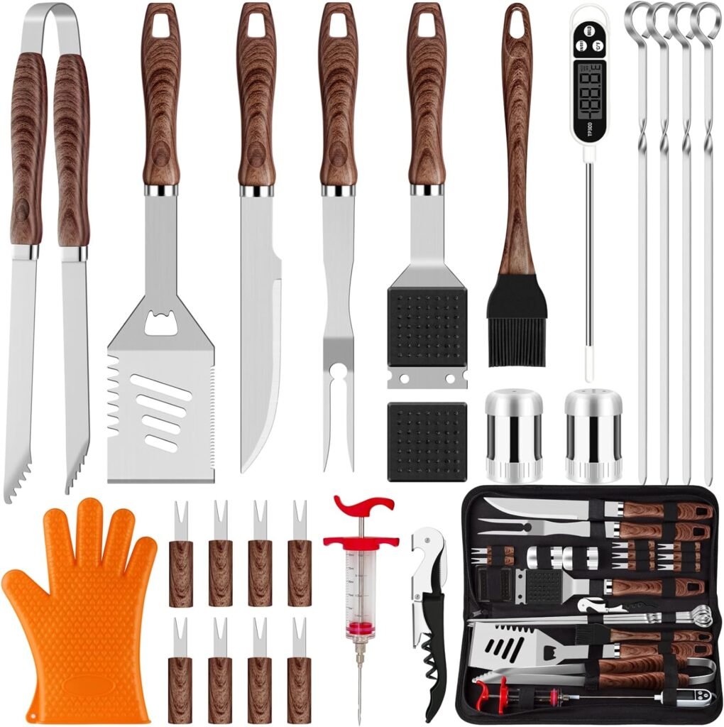 ROMANTICIST 26pcs Grilling Accessories Kit for Men Women, Stainless Steel Heavy Duty BBQ Tools with Glove and Corkscrew, Grill Utensils Set in Portable Canvas Bag for Outdoor,Camping,Backyard,Black