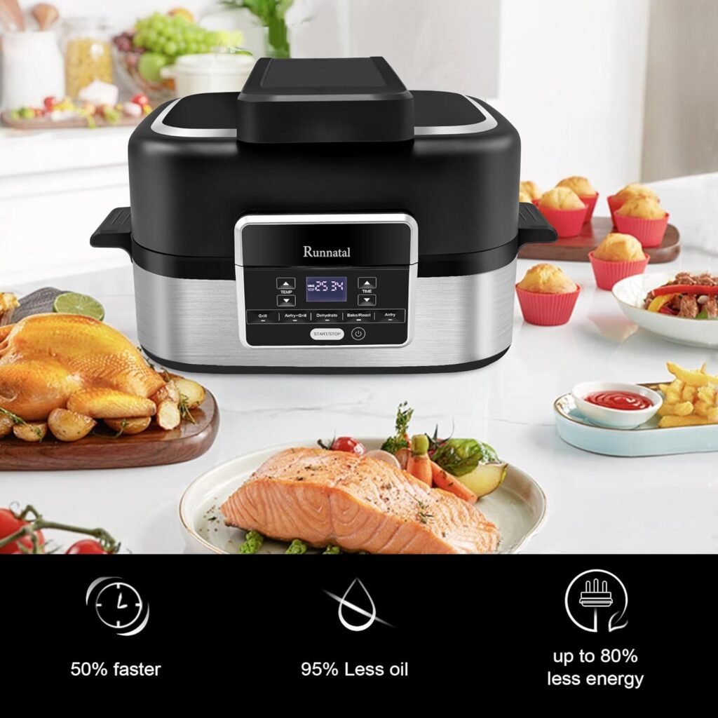 Runnatal 5-in-1 Smokeless Electric Indoor Grill with Air Fry, Roast, Bake  Dehydrate, Air Fryer, Black/Silver