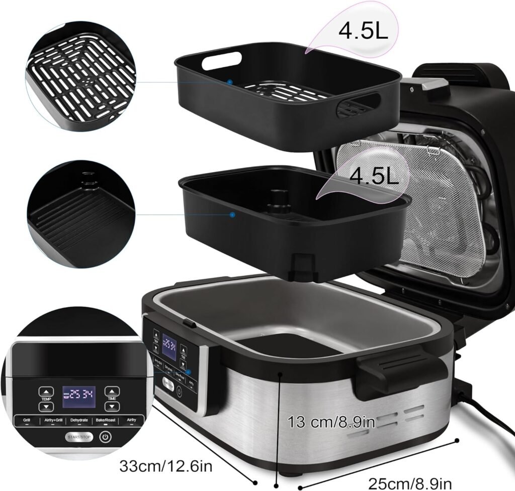 Runnatal 5-in-1 Smokeless Electric Indoor Grill with Air Fry, Roast, Bake  Dehydrate, Air Fryer, Black/Silver