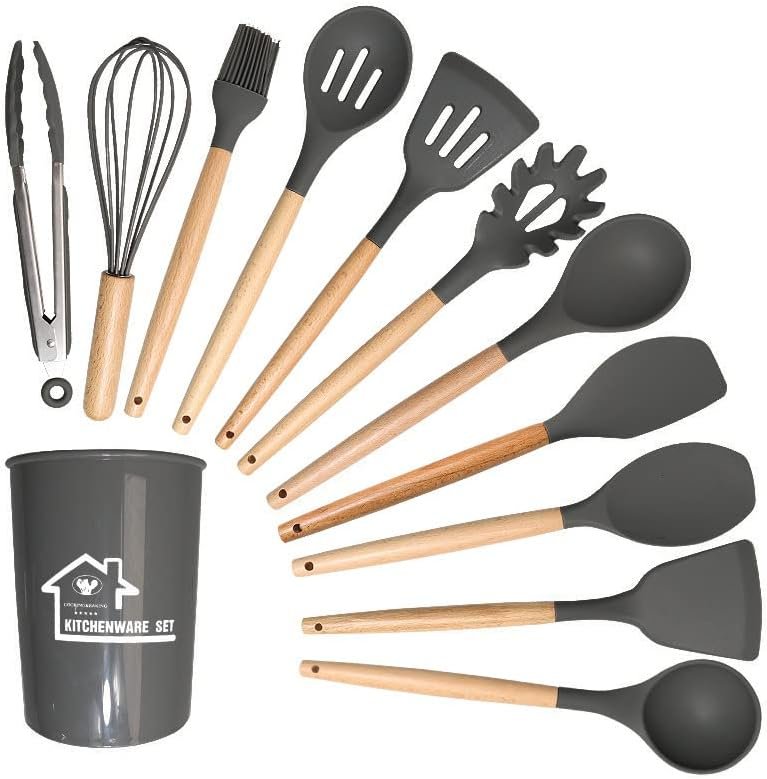 Silicone Cooking Utensils Kitchen Utensil Set, 12 PCS Wooden Handle Nontoxic BPA Free Silicone Spoon Spatula Turner Tongs Kitchen Gadgets Utensil Set for Nonstick Cookware with Holder : Home  Kitchen