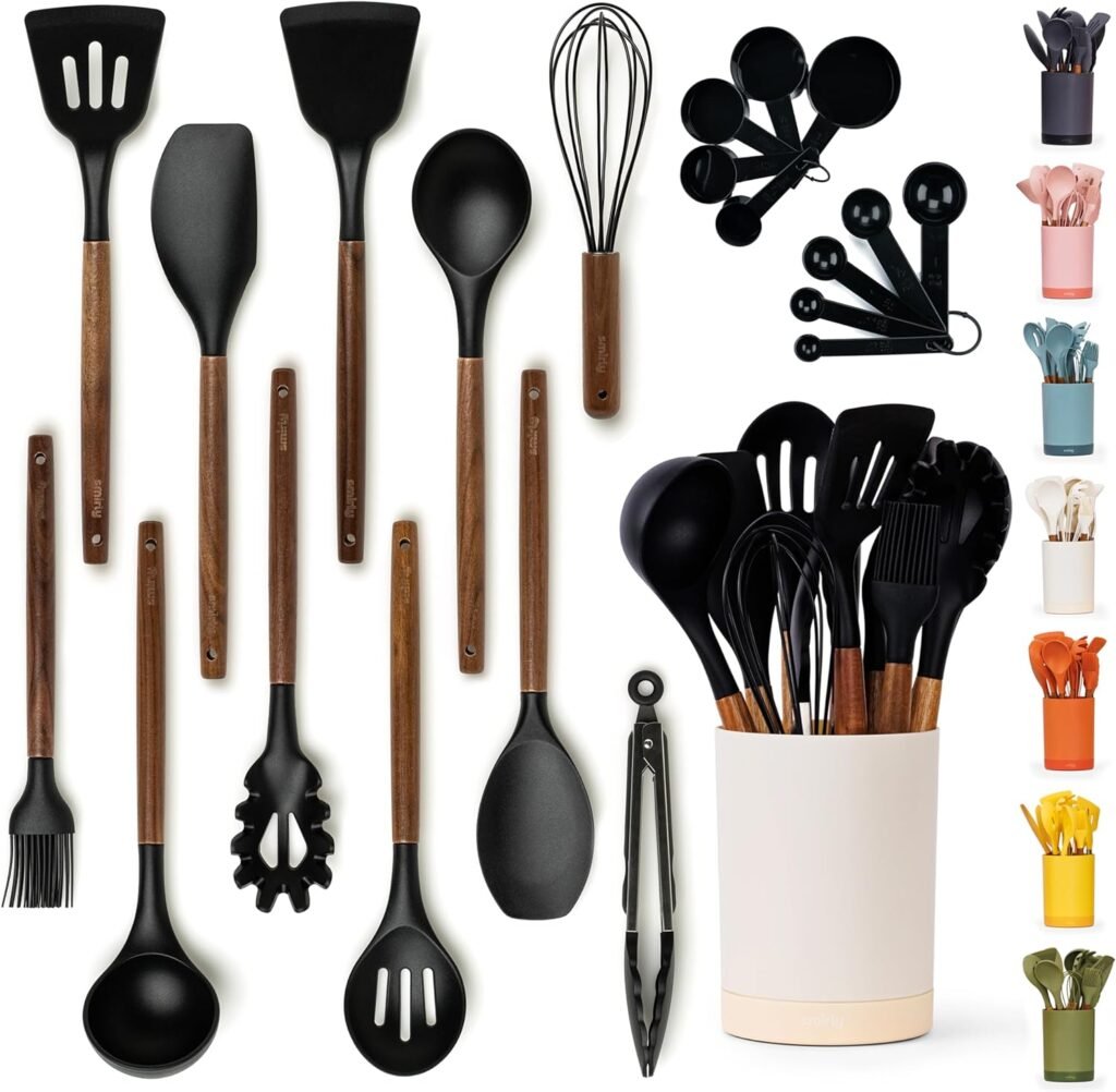 SMIRLY Silicone Kitchen Utensils Set  Holder: Silicone Cooking Utensils Set - Kitchen Essentials for New Home  1st Apartment Kitchen Set - Silicone Spatula Set, Cooking Spoons for Nonstick Cookware