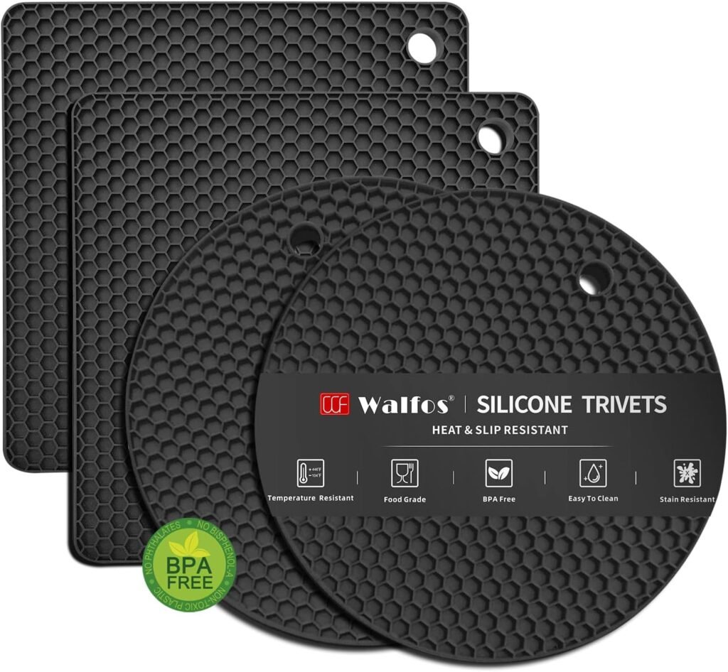 Walfos Silicone Trivet Mats - 4 Heat Resistant Pot Holders, Multipurpose Non-Slip Hot Pads for Kitchen Potholders, Hot Dishers, Jar Opener, Spoon Holder, Food Grade Silicone  BPA Free (Black)