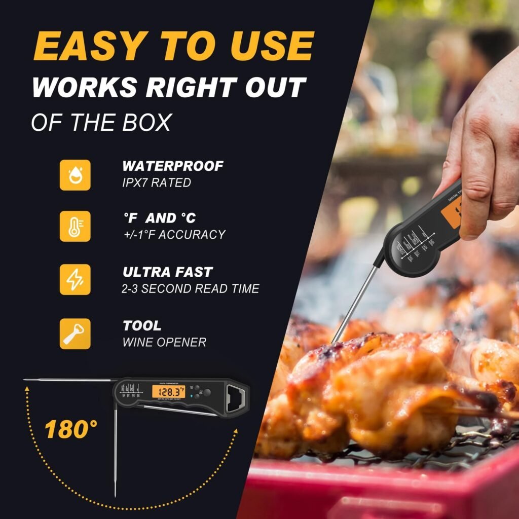 Waterproof Instant Read Digital Meat Thermometer for Cooking and Grilling, Food Thermometer with Backlight, Magnet, Calibration, and Foldable Probe, Bottle Cap Opener for Kitchen Gadgets, BBQ, Grill