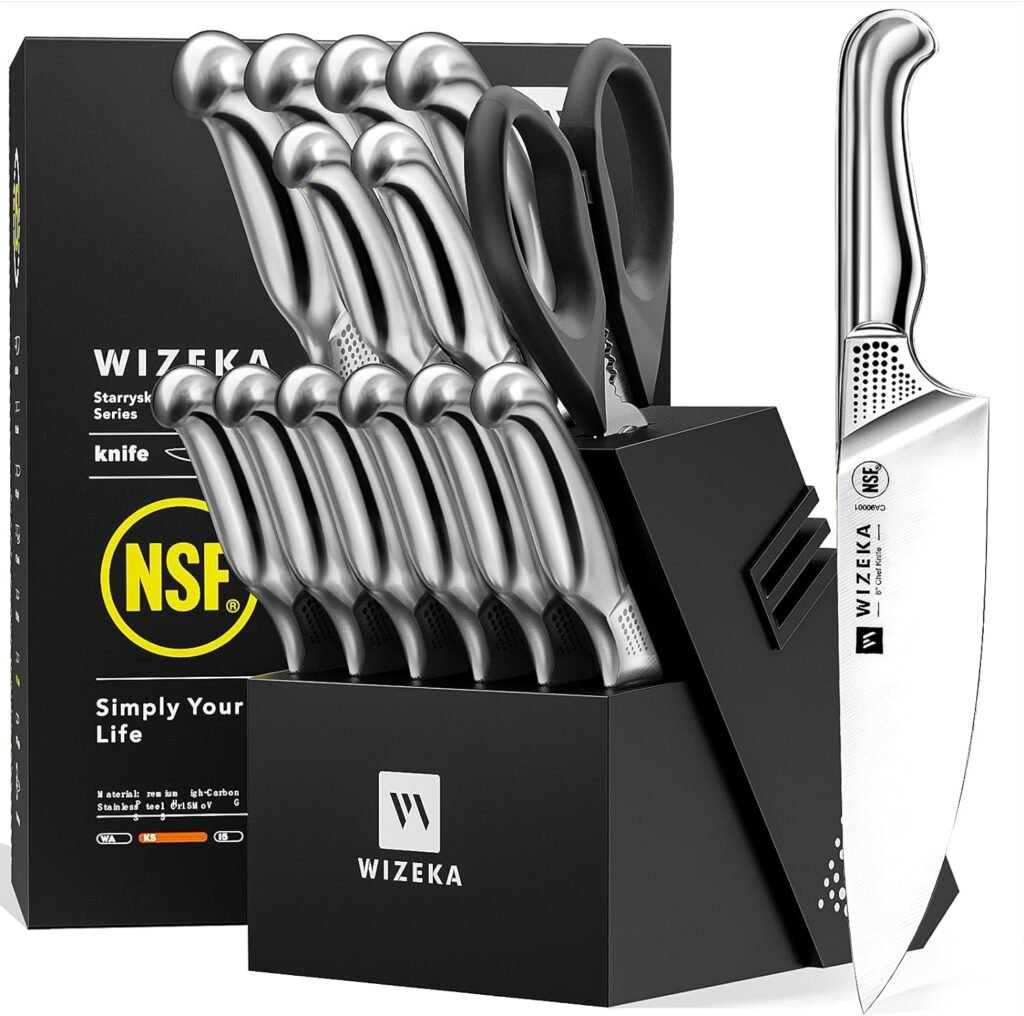 WIZEKA Kitchen Knife Set with Block, NSF Certified 15pcs German Steel 1.4116 Knife Block Set, Professional Chef Knife Set with Built-in Sharpener, Starry Sky Series