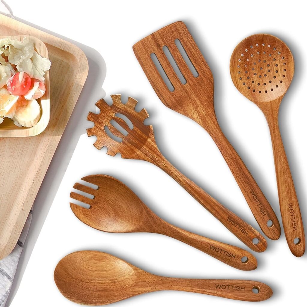 Wooden Spoons for Cooking - 5-Piece Wooden Kitchen Utensil Set made of Natural Solid Wood Material - Includes Salad Spoons, Strainer Spoon, Salad Fork, Mixing Spoon,Slotted Spatula