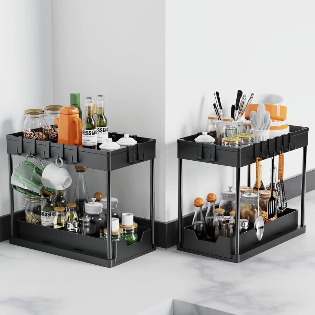 2 Pack Under Sink Organizers and Storage, 2-Tier Sliding Cabinet Basket Organizer with Hooks, Multi-Purpose Under Sink Organizers and Storage for Bathroom Kitchen