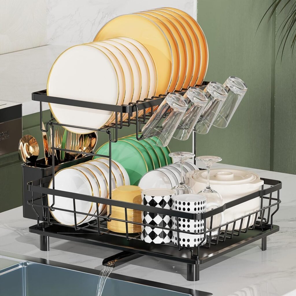 2 Tier Dish Drying Rack Multifunctional Dish Rack for Kitchen Counter, Stainless Steel Large Capacity Dish Drainer with Drainboard, Utensil Holder, Cup Holder for Dishes, Knives, Spoons, Forks, Black