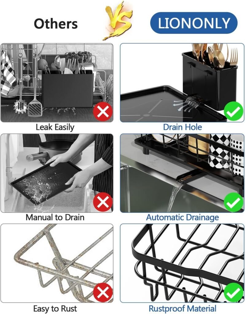 2 Tier Dish Drying Rack Multifunctional Dish Rack for Kitchen Counter, Stainless Steel Large Capacity Dish Drainer with Drainboard, Utensil Holder, Cup Holder for Dishes, Knives, Spoons, Forks, Black