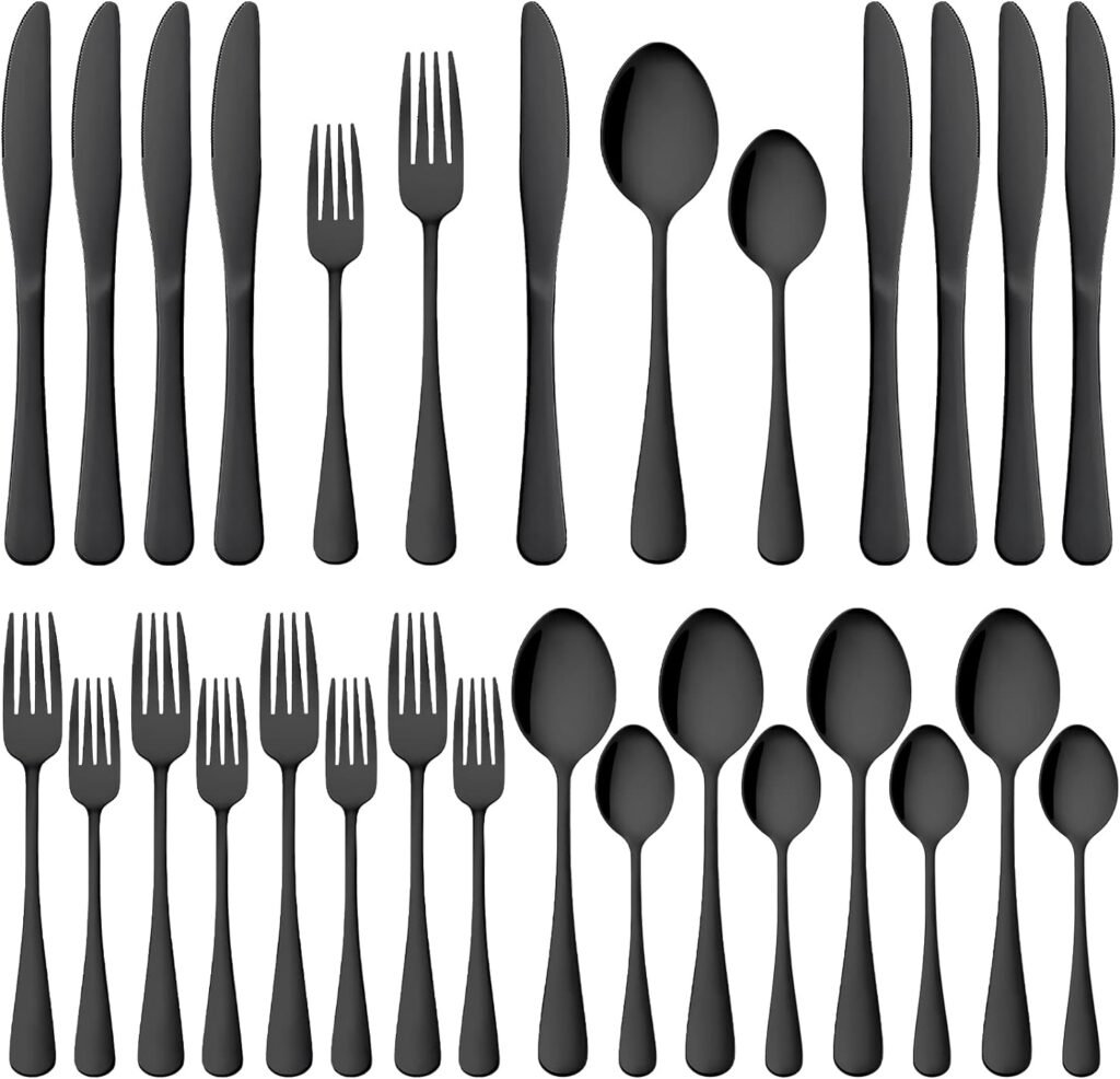 20 Pieces Black Silverware Set, AIKWI Stainless Steel Cutlery Flatware Set, Kitchen Tableware Utensils Set with Knife Spoon Fork, Dishwasher Safe  Mirror Polished- Ideal for Home Party Wedding