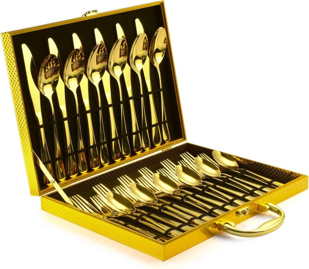 30-Piece Gold Silverware Set, Blingco Gold Flatware Set for 6, Food-Grade Stainless Steel Cutlery Set, Tableware Eating Utensils with Gift Box for Home Restaurant, Mirror Finished, Dishwasher Safe