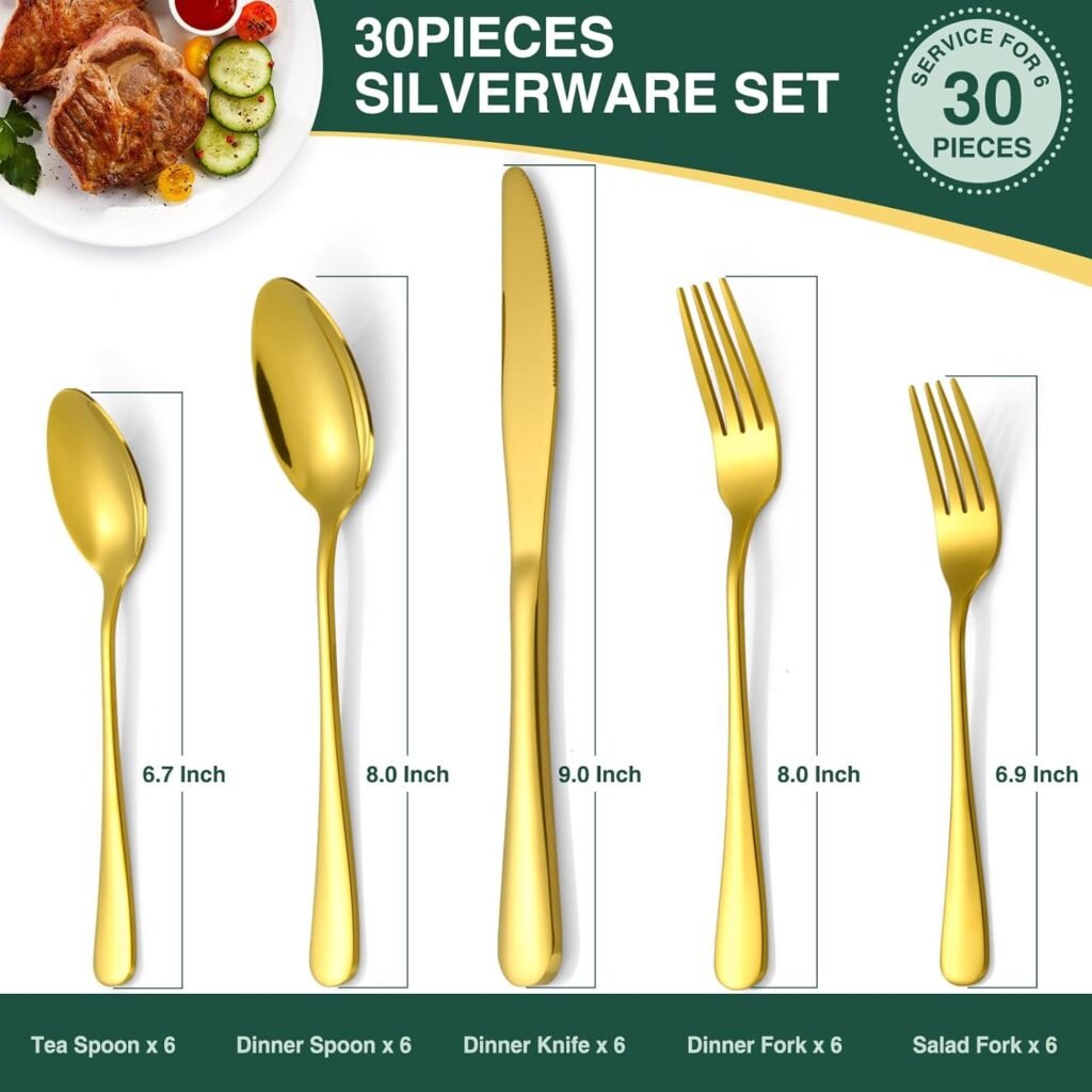 30-Piece Gold Silverware Set, Blingco Gold Flatware Set for 6, Food-Grade Stainless Steel Cutlery Set, Tableware Eating Utensils with Gift Box for Home Restaurant, Mirror Finished, Dishwasher Safe