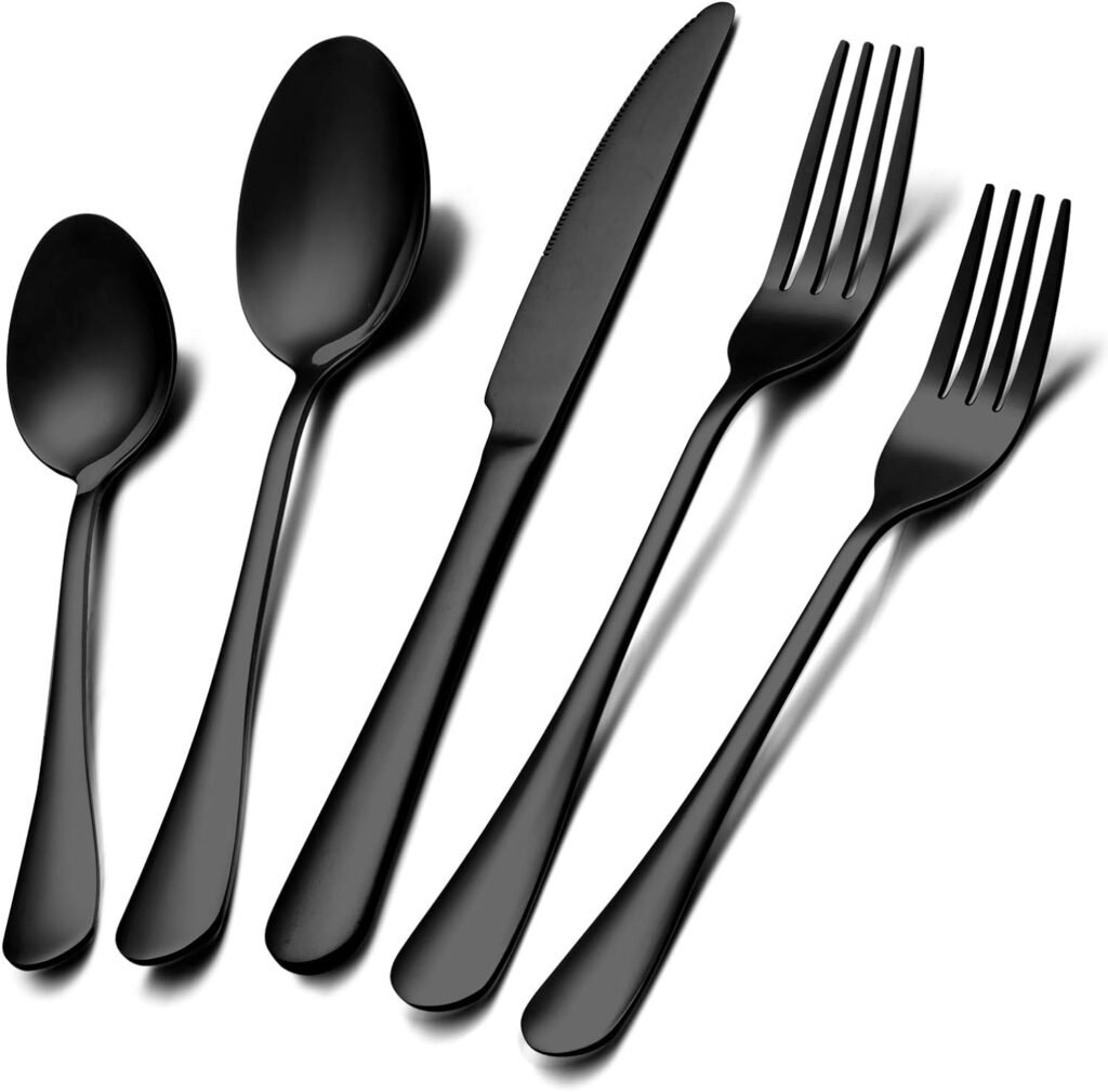 40-Piece Black Silverware Set, Bastwe Stainless Steel Flatware Cutlery Set, Kitchen Utensil Set Service for 8, Include Knife/Fork/Spoon, Mirror Polished, Dishwasher Safe