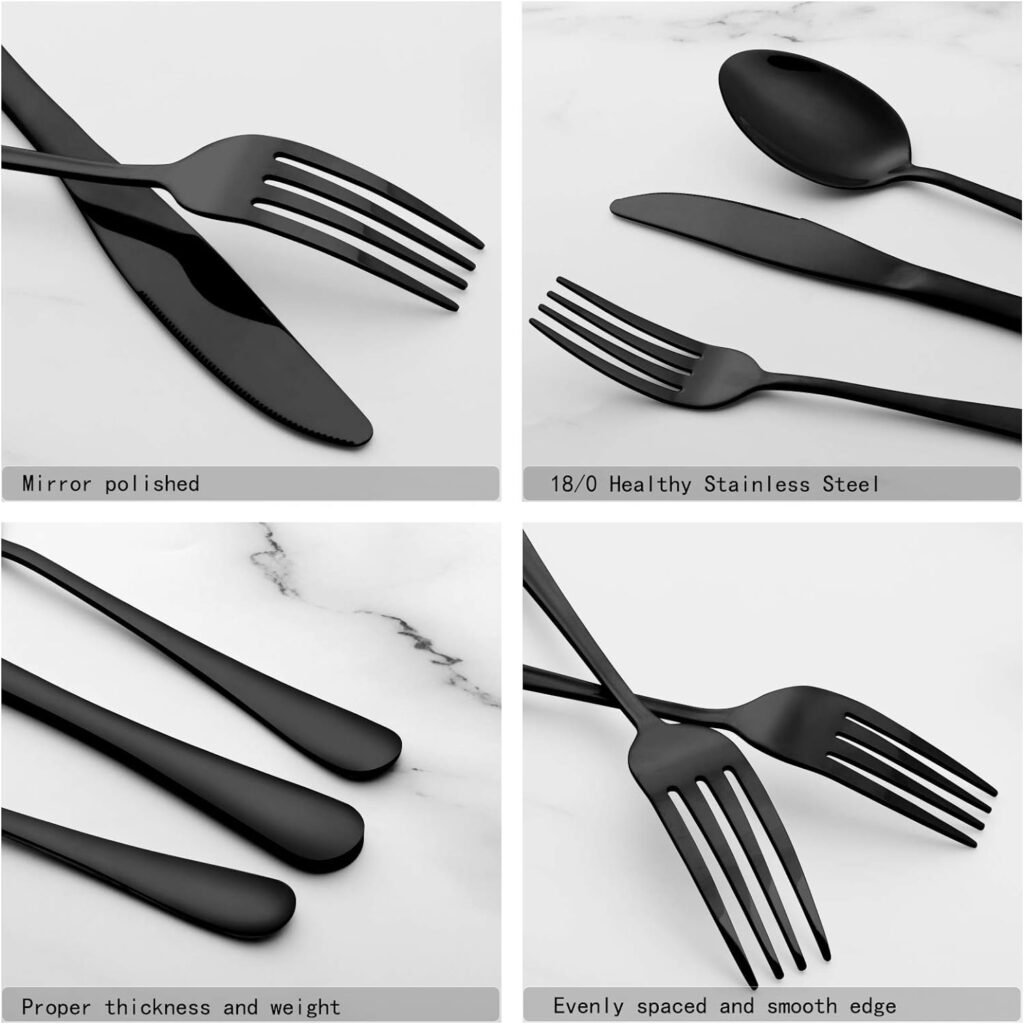 40-Piece Black Silverware Set, Bastwe Stainless Steel Flatware Cutlery Set, Kitchen Utensil Set Service for 8, Include Knife/Fork/Spoon, Mirror Polished, Dishwasher Safe