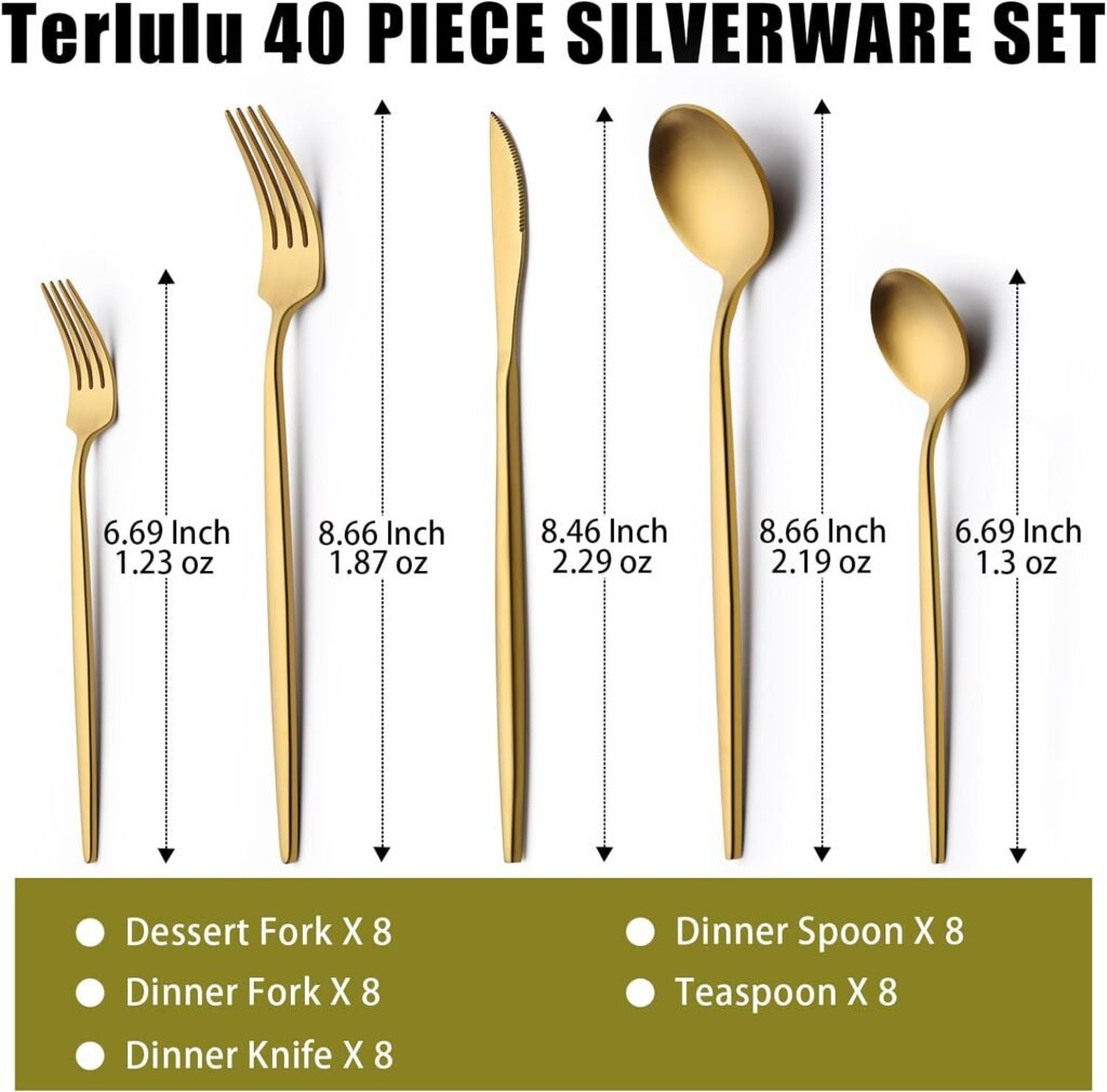 40 Piece Gold Silverware Set for 8, Terlulu Stainless Steel Flatware Set, Gold Cutlery Set Utensils Set, Tableware Include Forks Knives Spoons for Home Kitchen Restaurant Wedding, Satin Finish