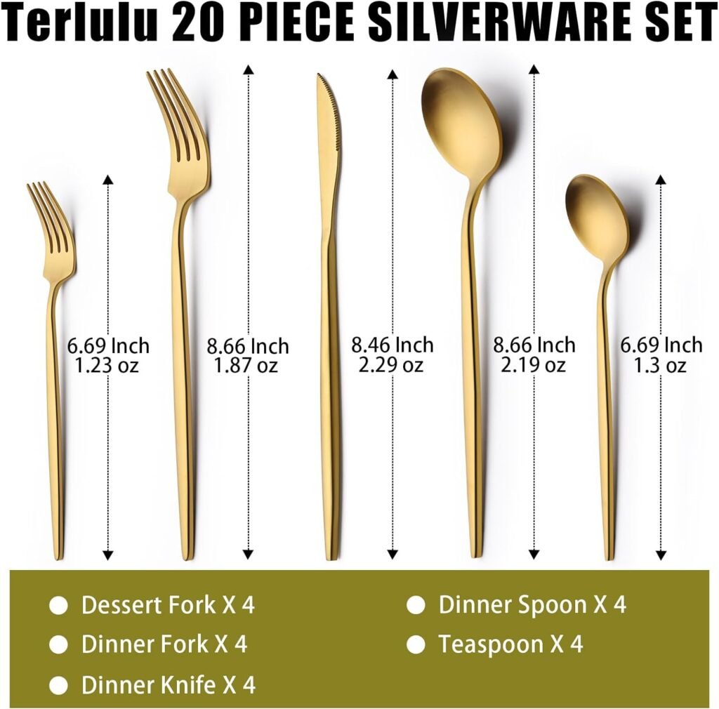 40 Piece Gold Silverware Set for 8, Terlulu Stainless Steel Flatware Set, Gold Cutlery Set Utensils Set, Tableware Include Forks Knives Spoons for Home Kitchen Restaurant Wedding, Satin Finish