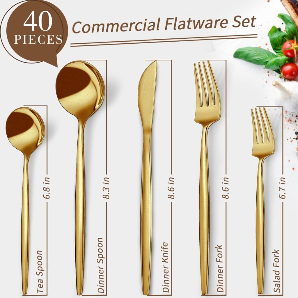 40-Piece Matte Gold Silverware Set for 8, CEKEE Stainless Steel Cutlery Set Flatware Set for 8, Satin Finish Kitchen Utensils Tableware Set for Home Restaurant Hotel, Include Knife Fork Spoon Set