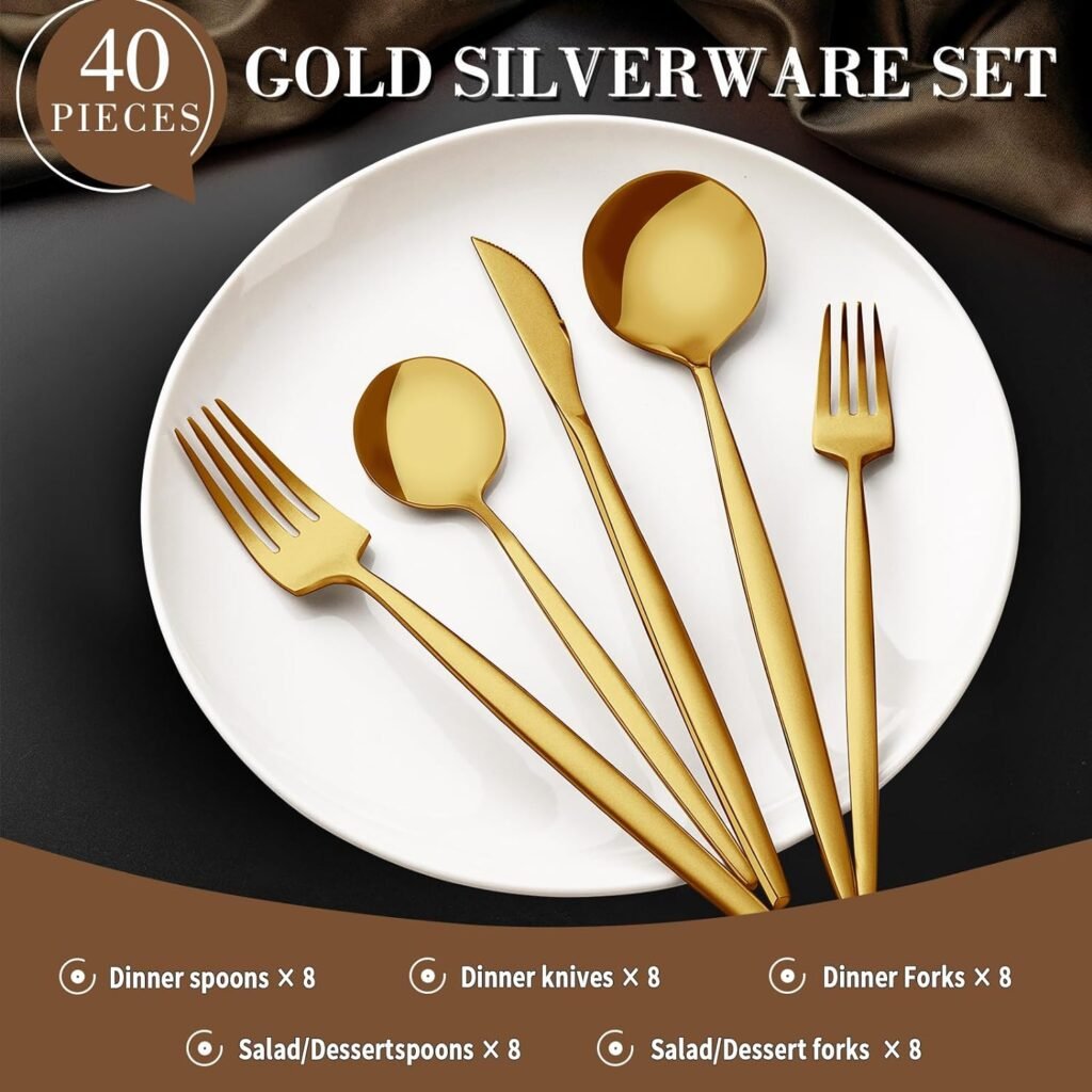 40-Piece Matte Gold Silverware Set for 8, CEKEE Stainless Steel Cutlery Set Flatware Set for 8, Satin Finish Kitchen Utensils Tableware Set for Home Restaurant Hotel, Include Knife Fork Spoon Set