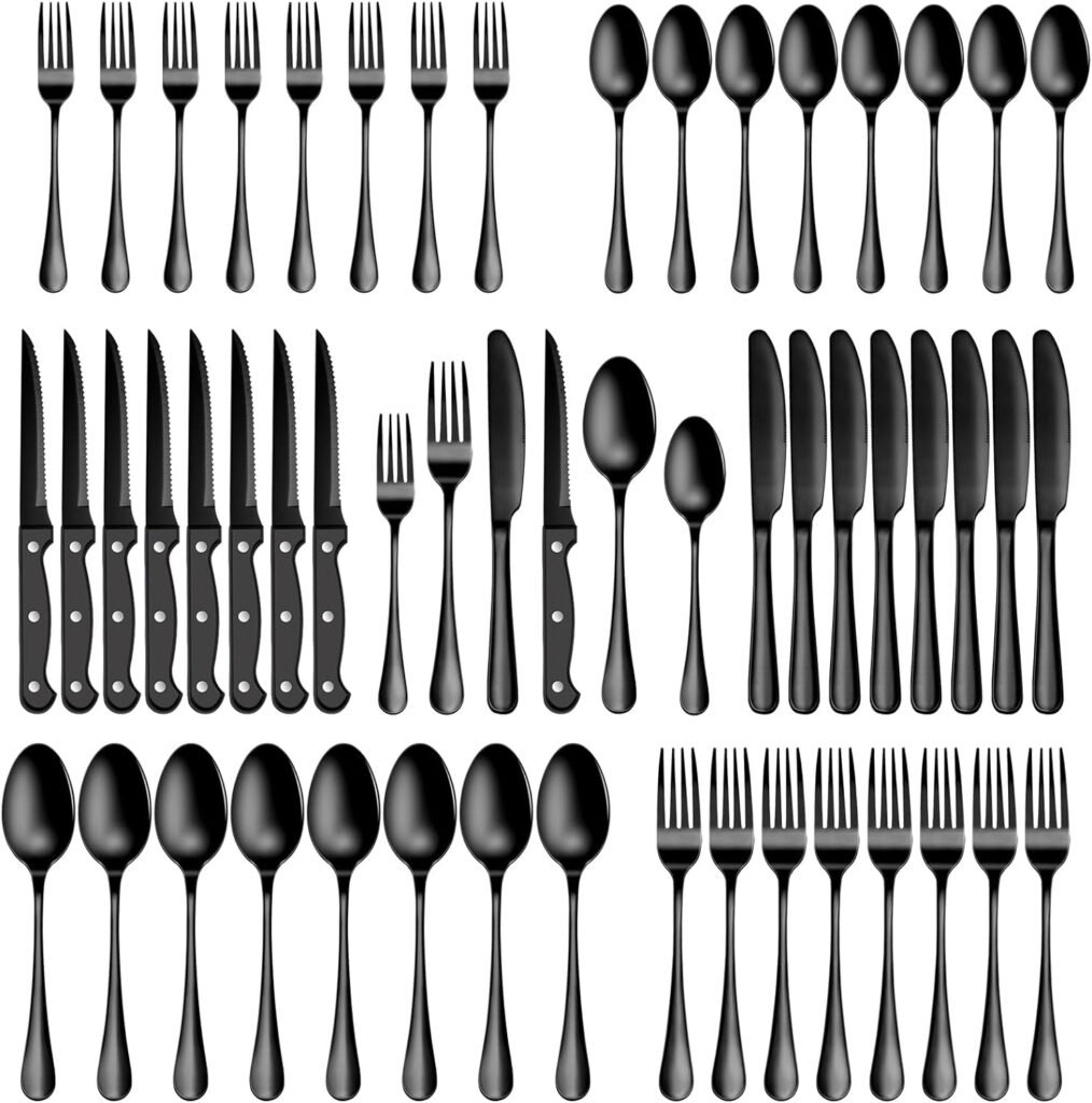 48 Pcs Black Silverware Set with Steak Knives Service for 8,Stainless Steel Flatware Set,Mirror Polished Cutlery Utensil Set,Kitchen Eating Tableware Set,Include Fork Knife Spoon Set,Dishwasher Safe