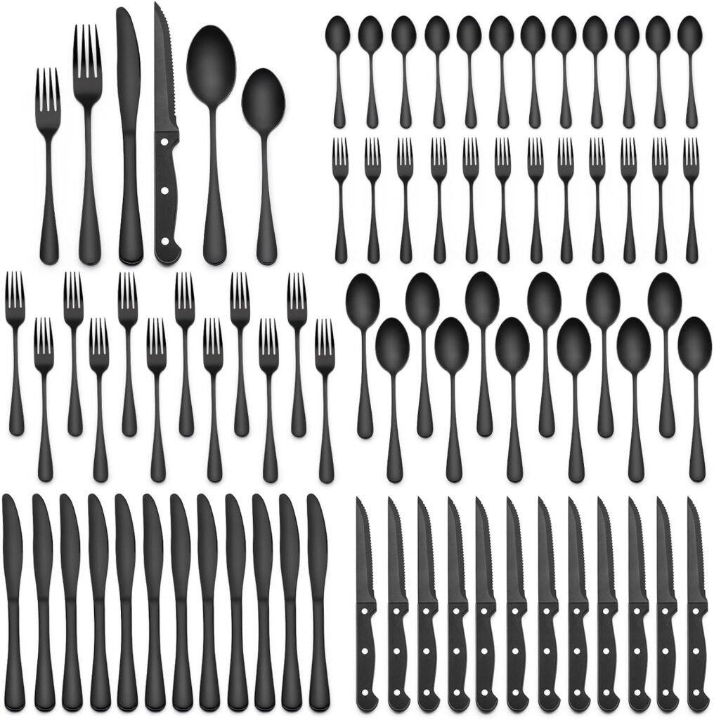 48-Piece Black Silverware Set with Steak Knives, Black Flatware Set for 8, Food-Grade Stainless Steel Tableware Cutlery Set, Kitchen Cutlery for Home Office Restaurant Hotel