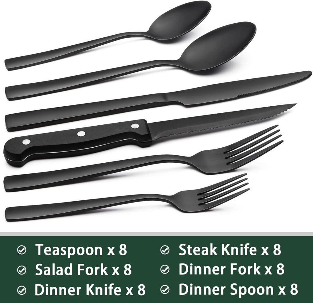 48-Piece Black Silverware Set with Steak Knives, Black Flatware Set for 8, Food-Grade Stainless Steel Tableware Cutlery Set, Kitchen Cutlery for Home Office Restaurant Hotel