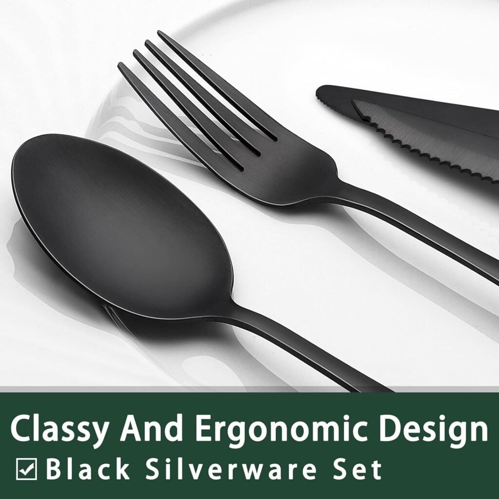 48-Piece Black Silverware Set with Steak Knives, Black Flatware Set for 8, Food-Grade Stainless Steel Tableware Cutlery Set, Kitchen Cutlery for Home Office Restaurant Hotel