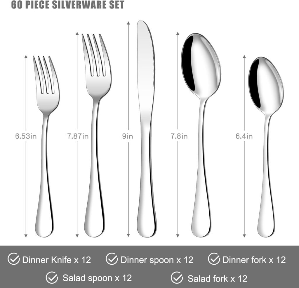 60 Piece Silverware Set for 12, Stainless Steel Flatware Set Tableware Set Inculde Forks Knives Spoons, Mirror Polished Cutlery Set for Home Kitchen and Restaurant Party, Dishwasher Safe