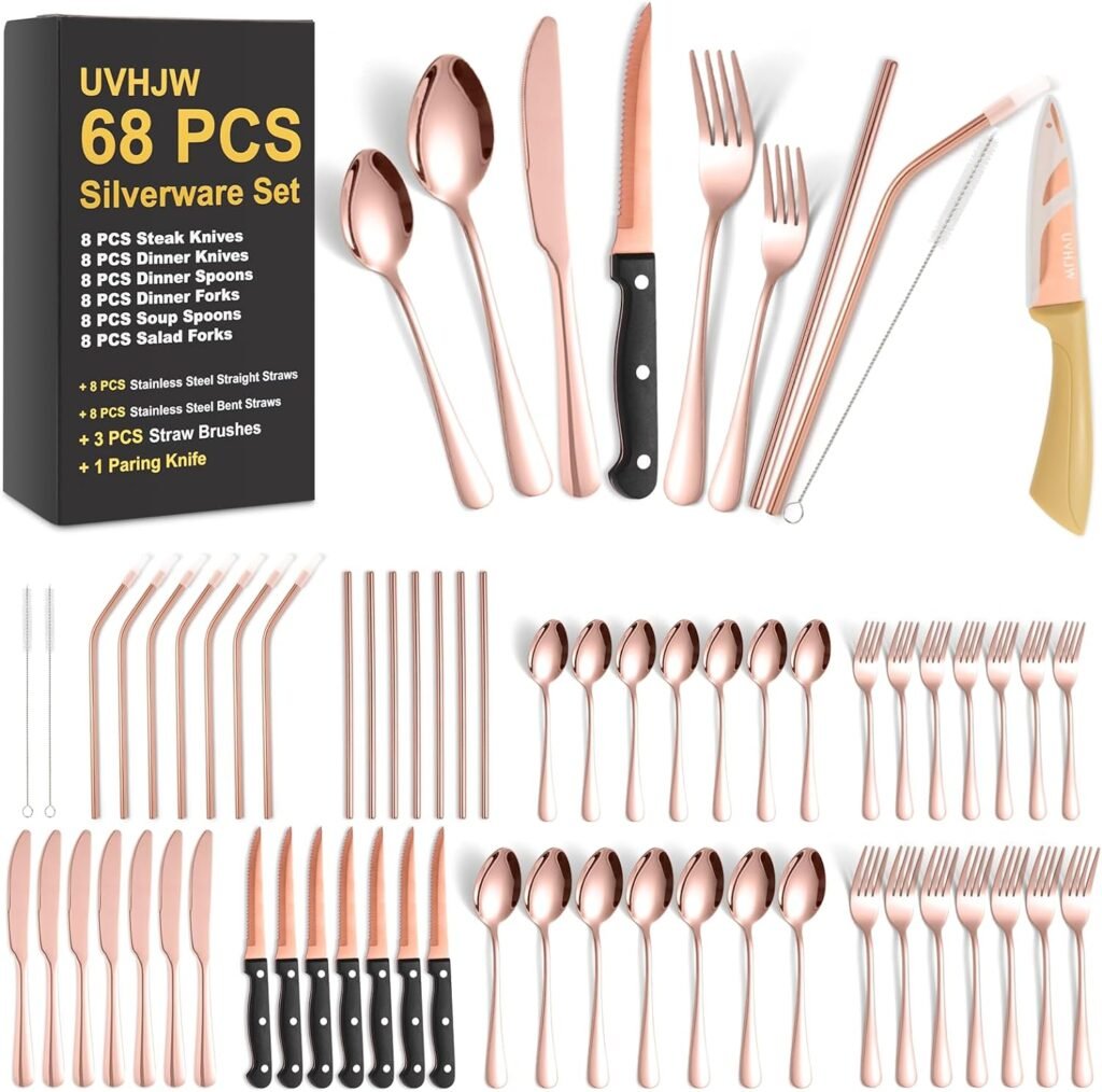 68 Piece Black Silverware Set with Steak Knife for 8, Black Stainless Steel Flatware Cutlery Utensil Set, Home Kitchen Tableware Set Fork Knife Spoon