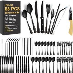 68 piece black silverware set with steak knife review