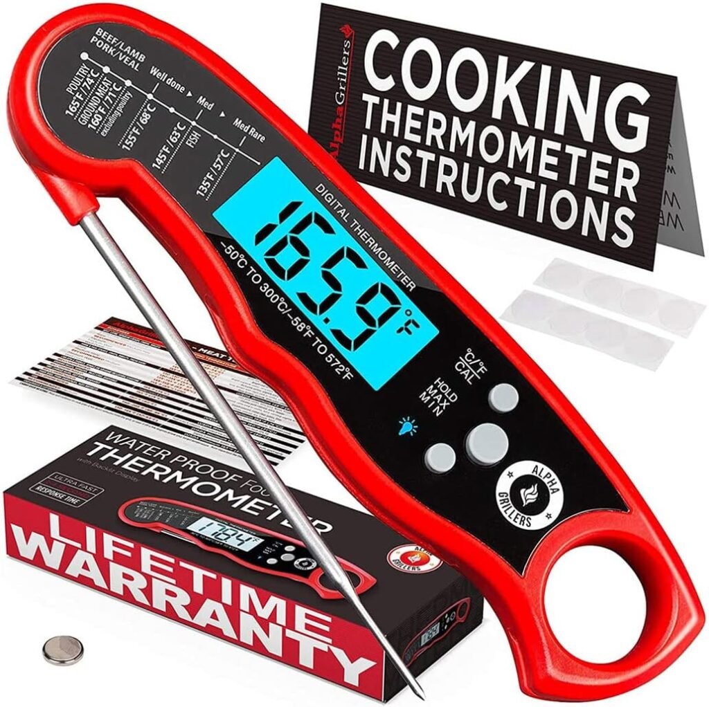 Alpha Grillers Instant Read Meat Thermometer for Grill and Cooking. Best Waterproof Ultra Fast Thermometer with Backlight  Calibration. Digital Food Probe for Kitchen, Outdoor Grilling and BBQ!