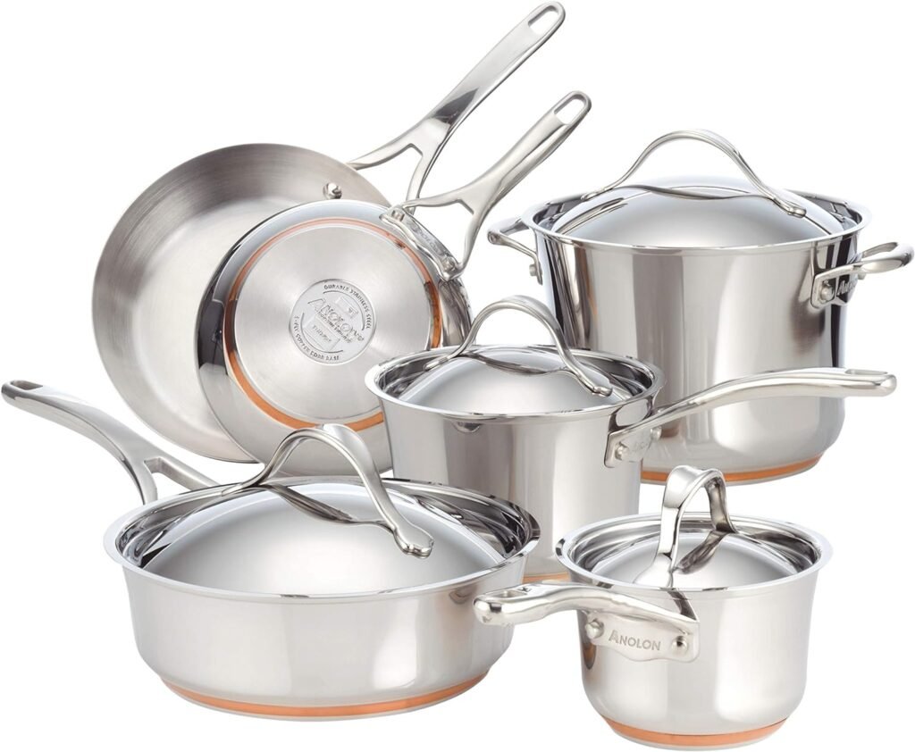 Anolon Nouvelle Stainless Steel Cookware Pots and Pans Set, 10 Piece