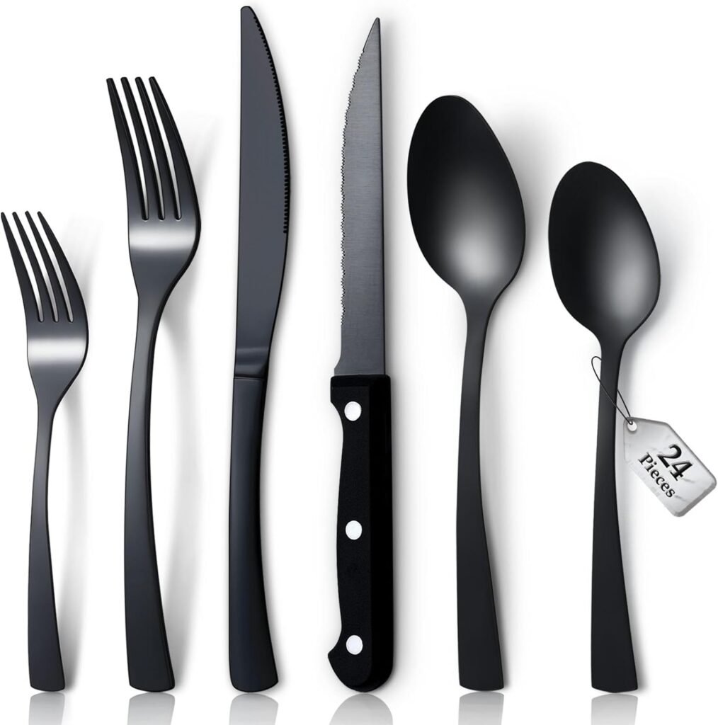 APEO 24 Piece Matte Black Silverware Set with Steak Knives, Stainless Steel Flatware Sets for 4, Satin Polished Cutlery Set for Kitchen, forks spoons and knives set, Dishwasher Safe Utensil Set