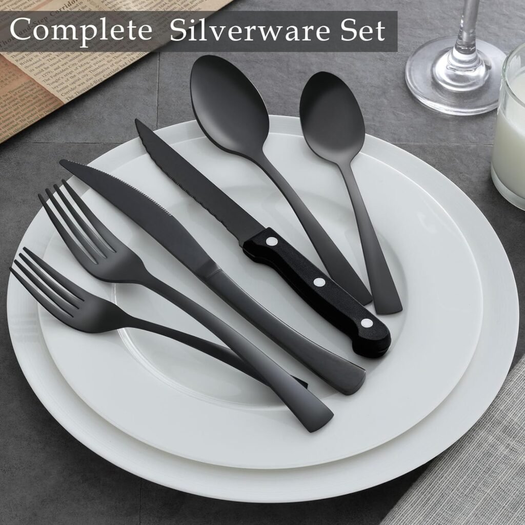 APEO 24 Piece Matte Black Silverware Set with Steak Knives, Stainless Steel Flatware Sets for 4, Satin Polished Cutlery Set for Kitchen, forks spoons and knives set, Dishwasher Safe Utensil Set