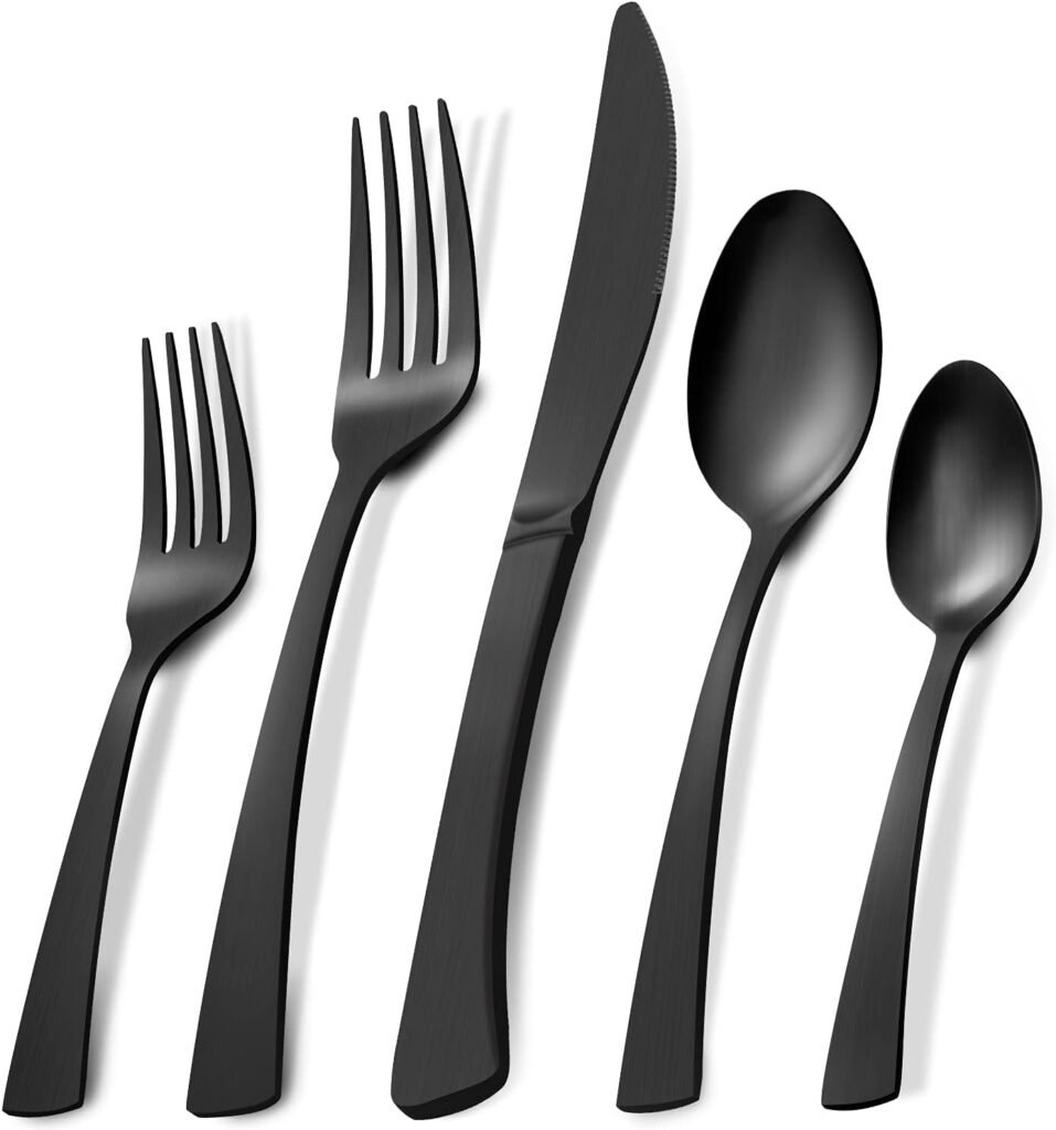 APEO 24 Piece Matte Black Silverware Set with Steak Knives, Stainless Steel Flatware Sets for 4, Satin Polished Cutlery Set for Kitchen, forks spoons and knives set, Dishwasher Safe Utensil Set