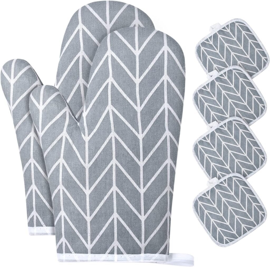 AUAUY Oven Mitts and Potholders BBQ Gloves-Oven Mitts and Pot Holders with Recycled Infill Silicone Non-Slip Cooking Gloves for Cooking Baking Grilling (6-Piece Set,Grey)