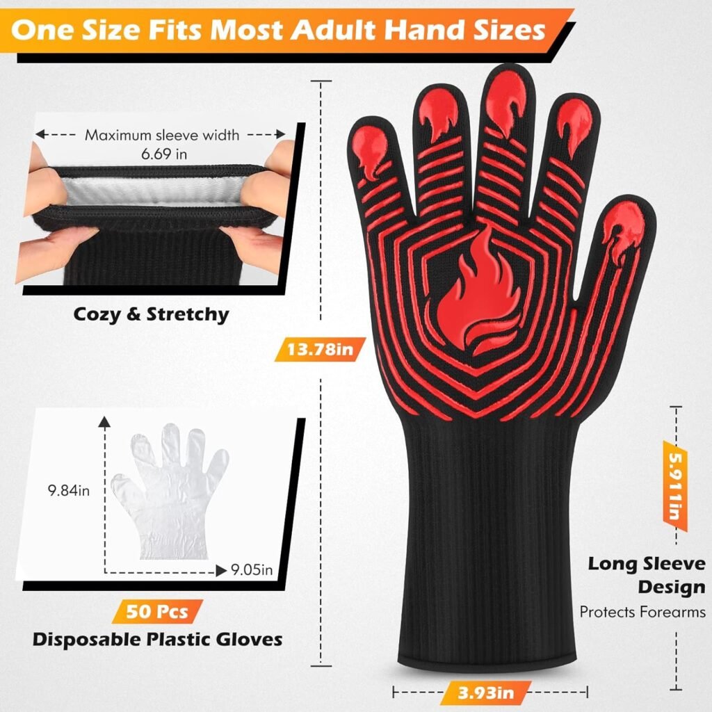 BBQ Gloves, 1472°F Heat Resistant Fireproof Mitts, Silicone Non-Slip Washable Oven Kitchen Gloves for Barbecue, Grilling, Cooking, Baking, Camping, Smoker (Black)