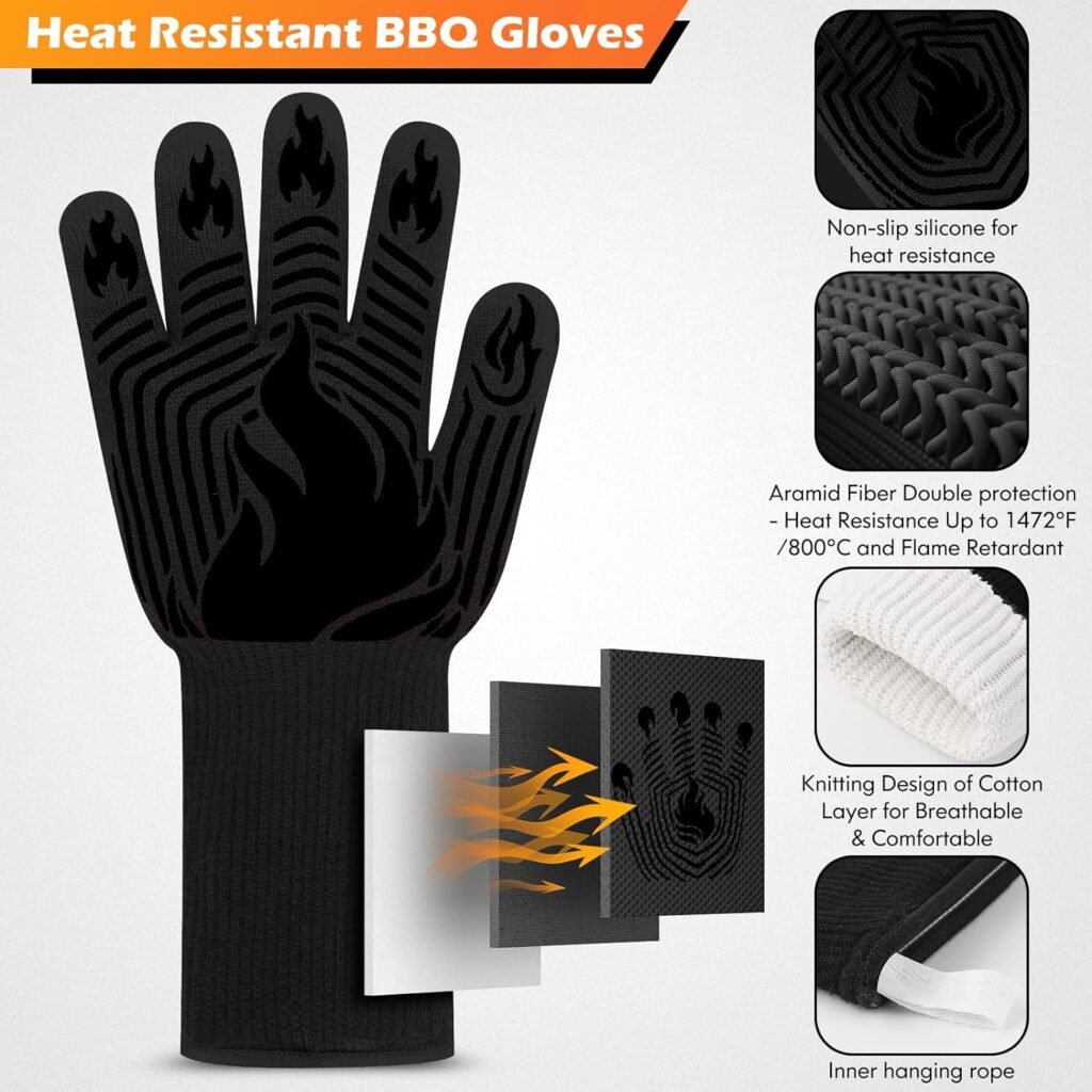 BBQ Gloves, 1472°F Heat Resistant Fireproof Mitts, Silicone Non-Slip Washable Oven Kitchen Gloves for Barbecue, Grilling, Cooking, Baking, Camping, Smoker (Black)