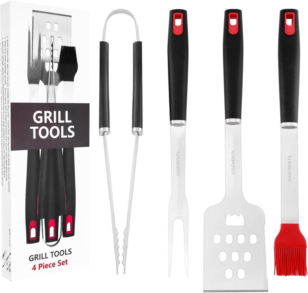 BBQ Grill Accessories, 4-Piece Stainless Steel Grill Tools with Grill Tongs, Grill Spatula, Grill Forks, Silicone Brush, The Ideal Outdoor Heavy-Duty BBQ Accessories, Grilling Gifts for Men.