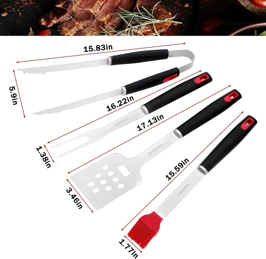 BBQ Grill Accessories, 4-Piece Stainless Steel Grill Tools with Grill Tongs, Grill Spatula, Grill Forks, Silicone Brush, The Ideal Outdoor Heavy-Duty BBQ Accessories, Grilling Gifts for Men.