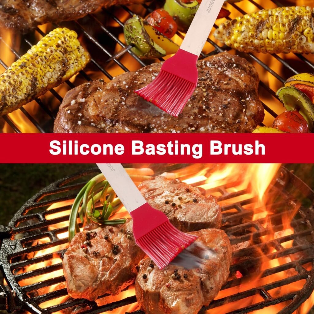 BBQ Grill Accessories, 4-Piece Stainless Steel Grill Tools with Grill Tongs, Grill Spatula, Grill Forks, Silicone Brush, The Ideal Outdoor Heavy-Duty BBQ Accessories, Grilling Gifts for Men.