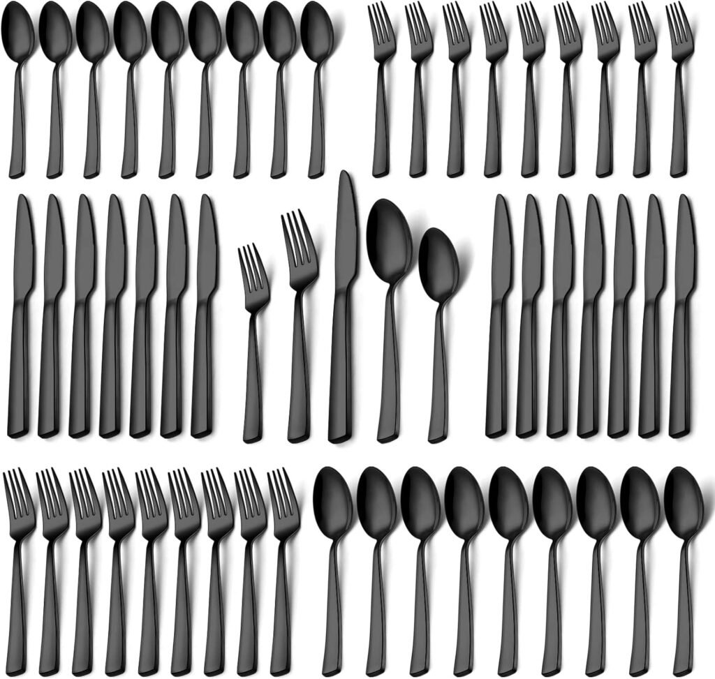 Black Silverware Set, Umite Chef 60-Piece Stainless Steel Flatware Set Cutlery Set for 12, Fork Spoon Knife Set Eating Utensils Tableware Set for Kitchens, Dishwasher Safe