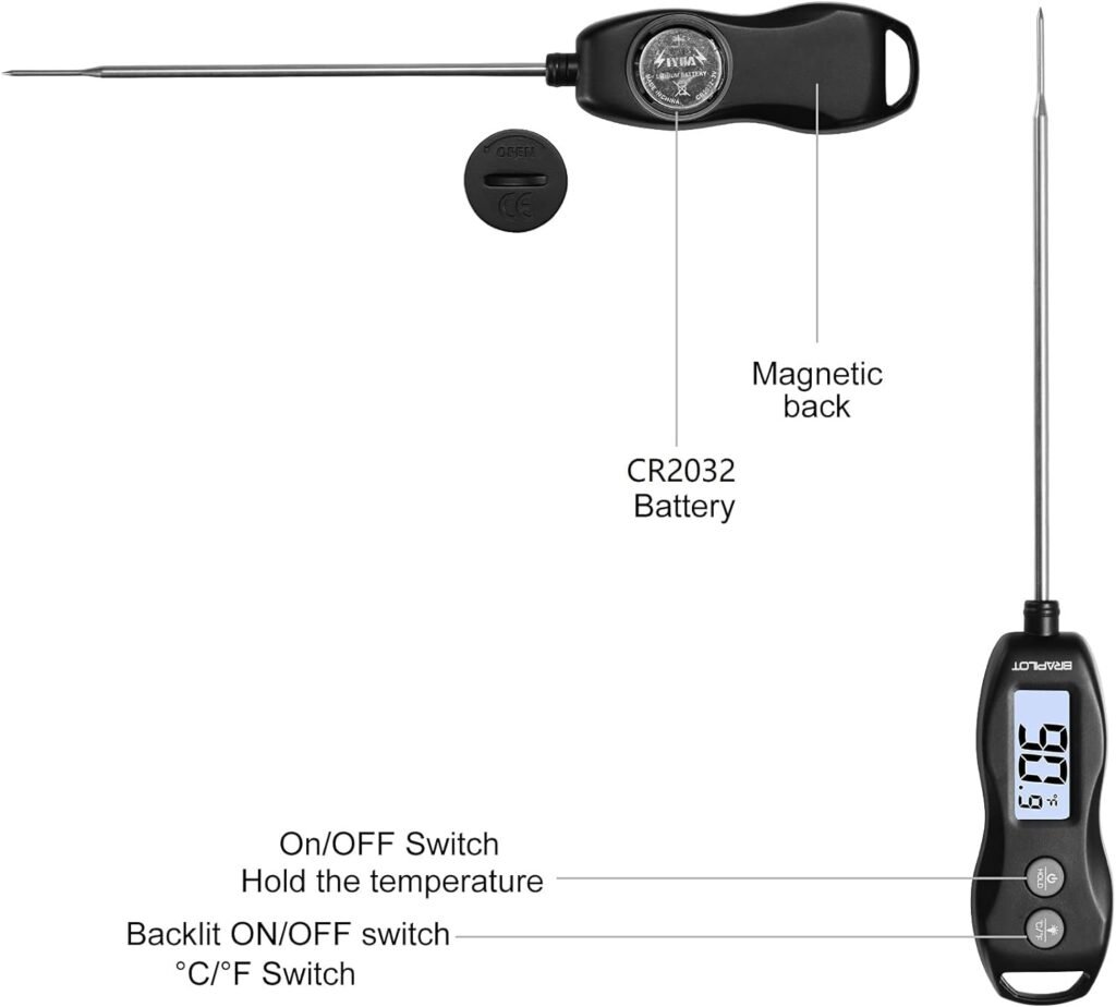 BRAPILOT Digital Meat Thermometer Backlight,Waterproof Instant Read Food Thermometer for Cooking and Grilling for BBQ Grill Liquids Beef Turkey