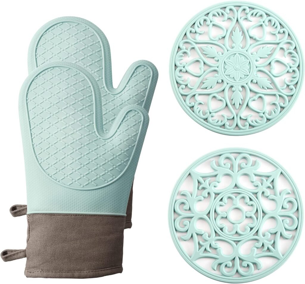 Domonic Home Oven Mitts and Pot Holders Sets, Silicone Heat Resistant 600F, Soft Lining Good Grip, Oven Gloves and Trivet Mats 4 Piece Set, Aqua Sky