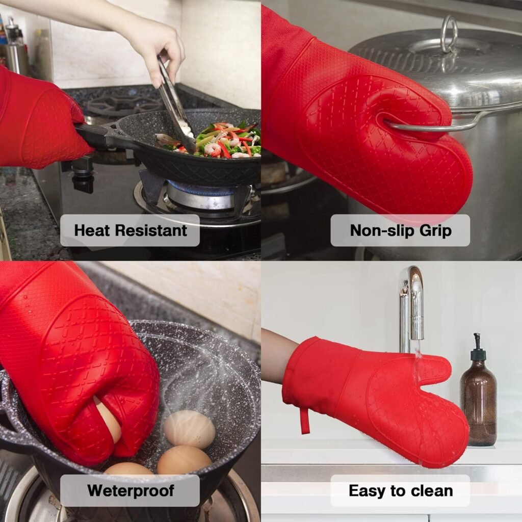 Domonic Home Oven Mitts and Pot Holders Sets, Silicone Heat Resistant 600F, Soft Lining Good Grip, Oven Gloves and Trivet Mats 4 Piece Set, Aqua Sky