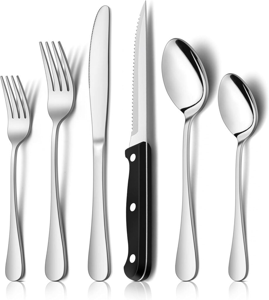 E-far 24-Piece Silverware Set with Steak Knives, Stainless Steel Flatware Cutlery Set Eating Utensils for 4, Spoons Forks Knives for Home Kitchen, Simple Design  Mirror Finish, Dishwasher Safe