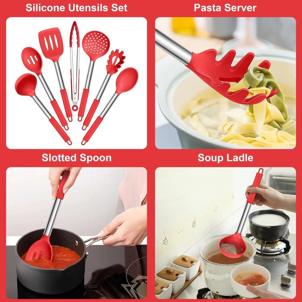 E-far Silicone Cooking Utensils Set, 7 Pcs Heat Resistant Kitchen Utensils with Stainless Steel Handle, Slotted Turner, Spoon, Soup Ladle, Pasta Server, Skimmer, Tongs for Nonstick Cookware, Black