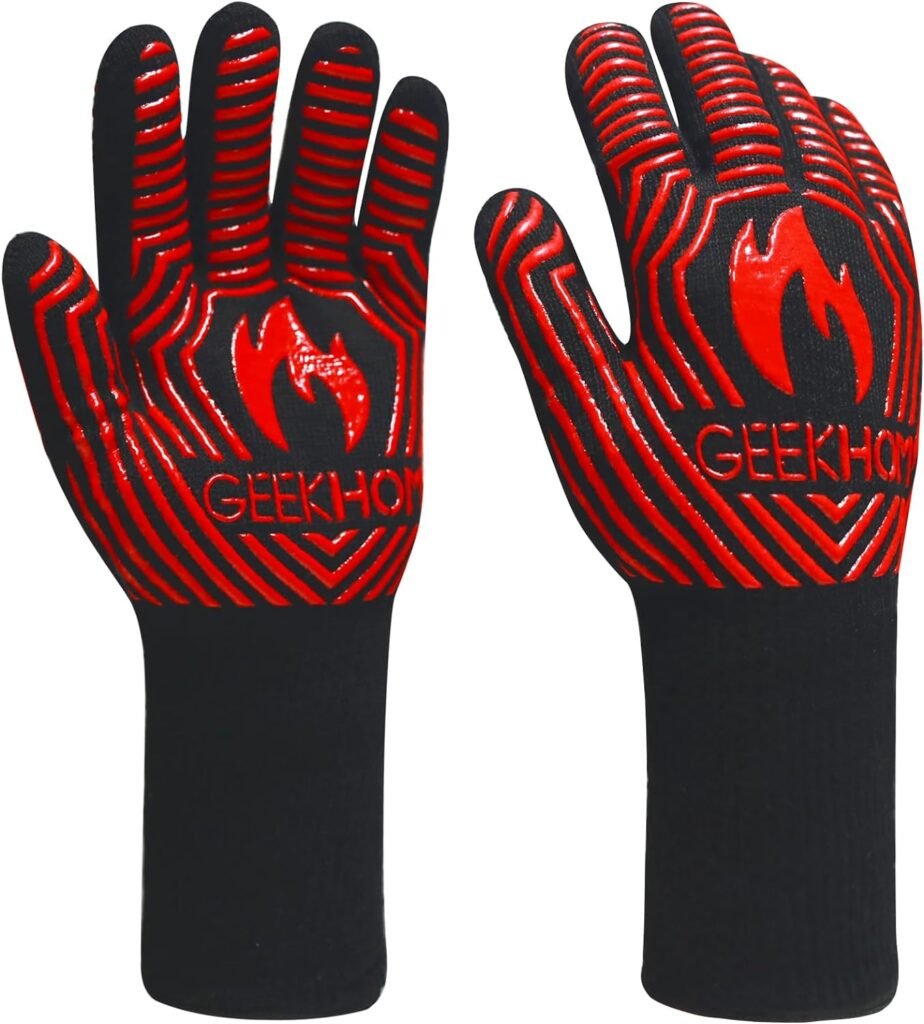 GEEKHOM Grilling Gloves,1472℉ Heat Resistant BBQ Grill Gloves, EN407 Certified Oven Gloves Barbecue Mitts for Kitchen Baking Cooking Welding Smoker Fire Pit(Red)